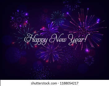 Happy New Year illustration with Fireworks Blue Background. Vector Holiday Design for Premium Greeting Card, Party Invitation.