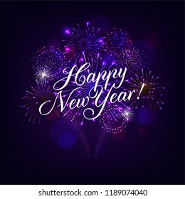 Happy New Year illustration with Fireworks Blue Background. Vector Holiday Design for Premium Greeting Card, Party Invitation