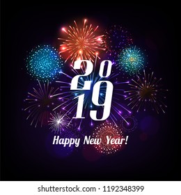 Happy New Year illustration with Fireworks Blue Background. Vector Holiday Design for Premium Greeting Card, Party Invitation.