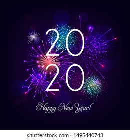 Happy New Year illustration with Fireworks Blue Background. Vector Holiday Design for Premium Greeting Card, Party Invitation.