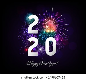 Happy New Year illustration with Fireworks Blue Background. Vector Holiday Design for Premium Greeting Card, Party Invitation.