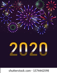 Happy New Year illustration with fireworks in dark violet background. Vector holiday design for premium greeting card or party invitation.