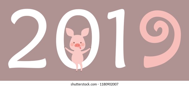 Happy New Year illustration. Funny piggy background with numbers. 2019 New Year is the year of the pig. Symbol of New Year 2019. Zodiac sign for calendar, invitation and celebration card.