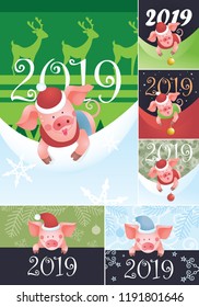 Happy New Year illustration. Funny piggy background with numbers. 2019 New Year is the year of the pig. Symbol of New Year 2019. Zodiac sign for calendar, invitation and celebration card.