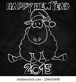 Happy New Year illustration with funny cartoon sheep sitting in Santa hat and 'Happy New Year 2015' lettering on black chalkboard background.