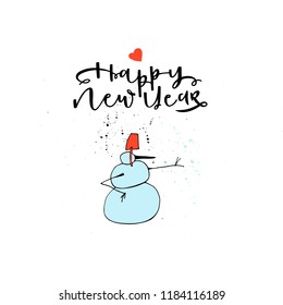 Happy New Year illustration with hand drawn snowman and text. Unique vector art