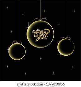 Happy New Year illustration with hand lettering text and Christmas decoration. Great for posters, greeting cards, party invitation, gift bags, wrapping paper. Vector illustration.
