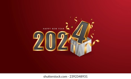 Happy new year illustration with number 2024 3d typography style and gift box.