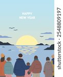 Happy new year illustration poster. People are watching the sunrise. Cartoon style flat hand drawn vector art. 