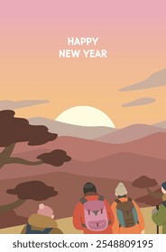 Happy new year illustration poster. People are watching the sunrise. Cartoon style flat hand drawn vector art. 