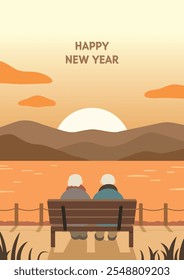 Happy new year illustration poster. An Old couple is watching the sunrise. Cartoon style flat hand drawn vector art. 