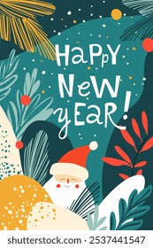 Happy New Year Illustration with Santa and Festive Foliage. Colorful Abstract Greeting Card with Santa Claus. Modern Artwork with Happy Santa and Holiday Decorations. Flat vector illustration
