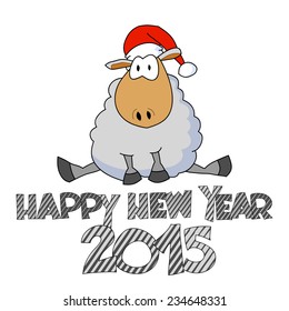 Happy New Year illustration with sitting funny cartoon sheep in Santa hat and 'Happy New Year 2015' lettering.