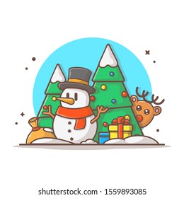 Happy New Year Illustration. Snowman In Winter Season, Holiday And New Year Icon Concept White Isolated. Flat Cartoon Style Suitable for Web Landing Page, Banner, Sticker, Background