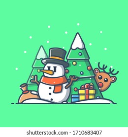 Happy New Year Illustration. Snowman In Winter Season, Holiday And New Year Icon Concept White Isolated. Flat Cartoon Style Suitable for Web Landing Page, Banner, Sticker, Background