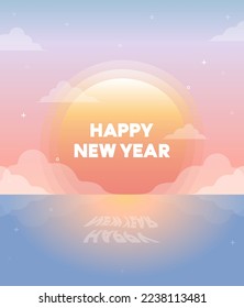 Happy new year illustration. Sun rising over the sea.