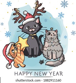 HAPPY NEW YEAR ILLUSTRATION. WITH THREE CHRISTMAS CATS, A SMALL ORANGE CAT WITH A SANTA CLAUS HAT AND A STAR, A DARK GRAY CAT WITH REINDEER EARS AND JINGLES AND A LIGHT GRAY KITTEN WINNING AND COOLED
