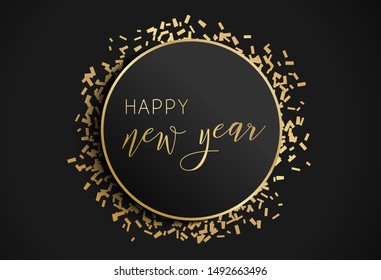 Happy New Year illustration. Vector background with gold confetti. Abstract greeting or invitation card