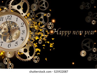 Happy new year illustration Vector  gold clock  glitter  elegant luxury gold  midnight with cog.