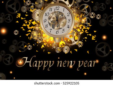 Happy new year illustration Vector  gold clock  glitter  elegant luxury gold  midnight with cog.