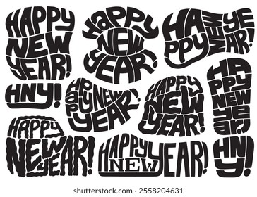 Happy New Year Illustrative lettering compilation set.  Vector Lettering design illustration for web, t-shirt design, other graphic design use