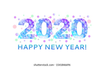 Happy New Year inscription of the year 2020 from bokeh texture in bright blue and purple color. For use as a decorative christmas background and new year 2020 card