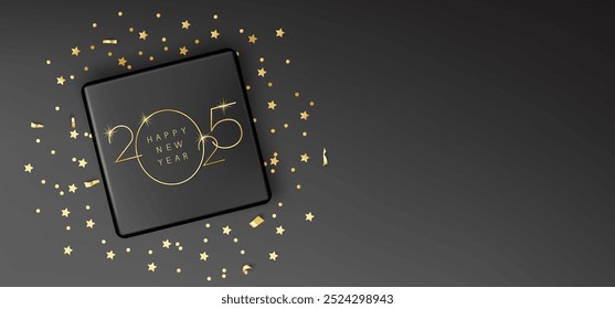 Happy New Year inscription. Dark gift with gold number 2025 and tinsel on black background.