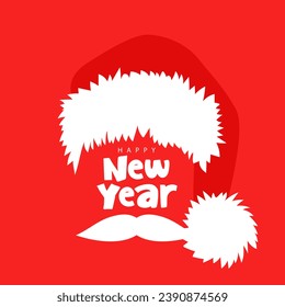 Happy new year. The inscription on the place of Santa's face. Santa Claus hat and mustache. Elements for the design of the Santa Claus character. New Year greeting card. Vector illustration