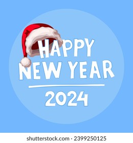 Happy New Year inscription and Santa Claus cap. A red festive hat with white fur is worn on a congratulatory text. Santa Claus clothing, element. Vector banner