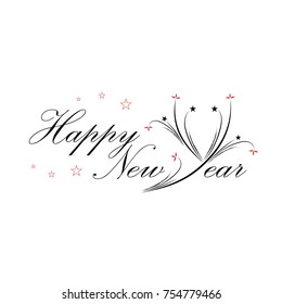 Happy New Year Inscription with Stars and Floral Pattern in the Shape of Letter Y on White Background. Vector Illustration.