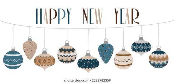 Happy New Year Inscription Vector Greeting Card Design Template with Christmas Toys