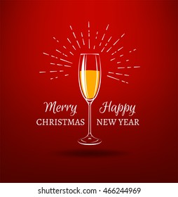 Happy New Year invitation card with glass of champagne. happy new year 2017. Merry christmas label. xmas champagne glass. new year celebration party. 