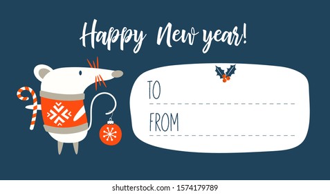 Happy New Year!. Invitation to a festive event with a cute mouse, a symbol of the new year 2020. Vector illustration.