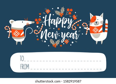 Happy New Year!. Invitation to a festive event with a cute mouse, a symbol of the new year 2020 and a funny cat. Vector illustration.