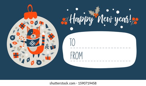 Happy New Year! Invitation to a festive event with a cute cat. Vector illustration.