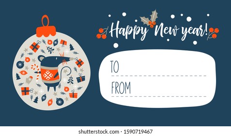 Happy New Year! Invitation to a festive event with a cute mouse, a symbol of the new year 2020. Vector illustration.