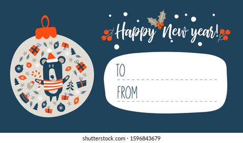 Happy New Year! Invitation to a festive event with a little bear. Vector illustration.