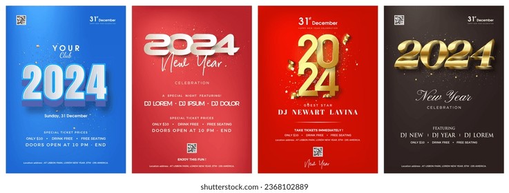 Happy new year invitation poster design 2024. Design to celebrate the new year 2024. With luxurious and elegant numbers.