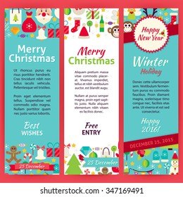 Happy New Year Invitation Template Flyer Set. Flat Design Vector Illustration of Brand Identity for Winter Holiday Promotion. Merry Christmas Colorful Pattern for Advertising.