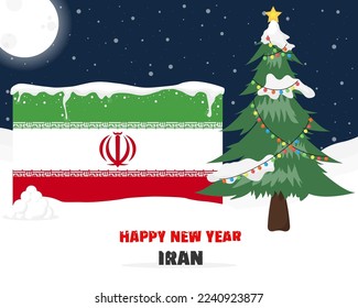 Happy new year in Iran with Christmas tree and snow, banner or content design idea, Iran flag with pine tree, new year celebration idea, sky with full moon and stars, vector design