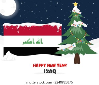 Happy new year in Iraq with Christmas tree and snow, banner or content design idea, Iraq flag with pine tree, new year celebration idea, sky with full moon and stars, vector design
