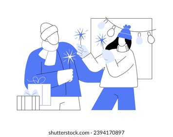 Happy New Year isolated cartoon vector illustrations. Young couple holding sparklers in hands and smiling, having fun together, New Year celebration, winter holidays mood vector cartoon.