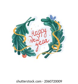 Happy new year isolated sticker with vector evergreen fir branch on white background. Greeting card design element