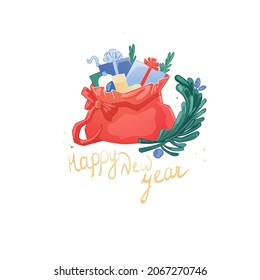 Happy new year isolated sticker with vector with red Santa sack full of gift and decorated fir tree twig on white background. Greeting card design element