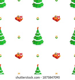 Happy New Year isometric vector seamless pattern with christmas tree and colored gift boxes on white background. Christmas tree and present boxes with bow ribbon mark 3D isometric seamless pattern.