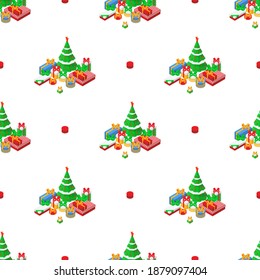 Happy New Year isometric vector seamless pattern with christmas tree and colored gift boxes on white background. Christmas tree and present boxes with bow ribbon mark 3D isometric seamless pattern.