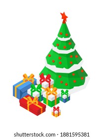 Feliz Año Nuevo ilustración vectorial isométrica con árbol de navidad y cajas de regalo de color sobre fondo blanco. Árbol de Navidad y cajas presentes con la marca de la cinta de arco al estilo de dibujos animados planos.