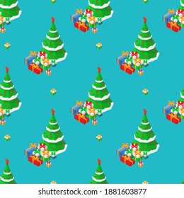 Feliz Año Nuevo patrón isométrico sin fisuras con árbol de navidad y cajas de regalo de color sobre fondo azul. Árbol de Navidad y cajas presentes con marca de lazo de arco 3D patrón ininterrumpido isométrico.