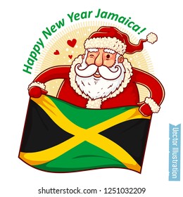 Happy New Year Jamaica - Santa Claus with Jamaican flag in hands. Santa holds Jamaican flag. Greeting sticker, tshirt and tee print with slogan, xmas design. Isolated layered vector illustration
