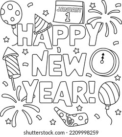 Happy New Year January 1 Coloring Page for Kids